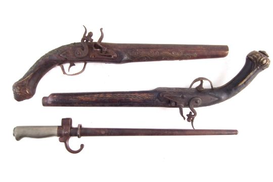 Pair of decorative flintlock pistols, with wire brass inlaid stocks, also a Lebel rifle shortened - Image 1 of 5