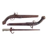 Pair of decorative flintlock pistols, with wire brass inlaid stocks, also a Lebel rifle shortened