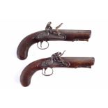 Pair of flintlock 40 bore overcoat pistols by Sykes Oxford, with octagonal barrels, chequered stocks