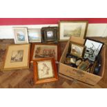 Three original drawings attributed to Morland, together with box of small artworks and miniatures to