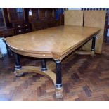 American "Century Furniture" hardwood extending dining table on black tapered column legs