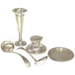 A selection of silver and white metal items, to include a silver inkwell, a silver filled vase, a