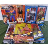 Seven boxed figures, two Action Man "Dr. X" and "Tiger Strike", G.I. Joe "Storm Shadow" and "