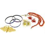 Three Michaela Fry bangles, coral and costume jewellery. Condition reports are not available for our