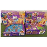 Four Mattel boxed Flintstones figures and play-sets, Bedrock (2), Bronto crane and gift set.
