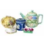 H.J. Wood Indian tree tea pot, Wedgwood lidded pot, Regal Pottery chintz squat vase and Coalport