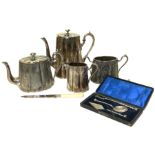 A four piece EPNS tea set cased cutlery set and a knife Condition reports are not available for