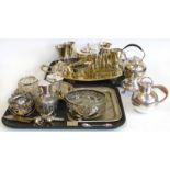 A selection of EPNS and plated ware to include a plated Channel ring, three piece tea set, toast
