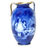 Cobalt blue twin handled Royal Doulton vase depicting three children and collie dog, 14cm tall.