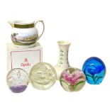 Spode cabinet collection jug, Belleek vase and four glass paperweights Condition reports are not