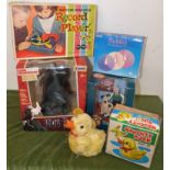 Louis Mary & Co. battery powered record player, boxed wind-up naughty duck, Matchbox Rubiks