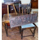 Carved Indian relief of a fishing scene, table stool, chair and reproduction curtain pole. Condition