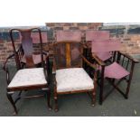 Set four directors style chairs, single Queen-Anne style elbow chair and mid 20th century fireside