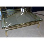 Brass framed glass top coffee table 100cm square. Condition reports are not available for our