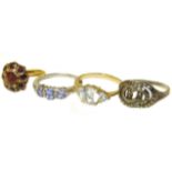 A selection of jewellery, to include a garnet cluster ring set in yellow metal, together with