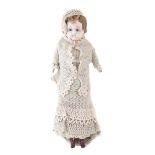 Victorian wax doll, with blue eyes dressed in knitted clothes 50cm high CONDITION REPORT: Crack to