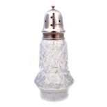 A 1960s silver topped cut glass caster, The baluster cut glass bottle with plain silver rim and