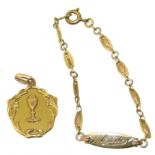 An 18ct gold baby bracelet and christening medal, the baby bracelet with personal inscription, the