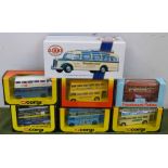 Dinky 1950 Mercedes Benz Omnibus (DY5-10), London Bus (Fishermans Friend) and five Corgi buses,