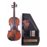 German violin in case with two bows and an autoharp