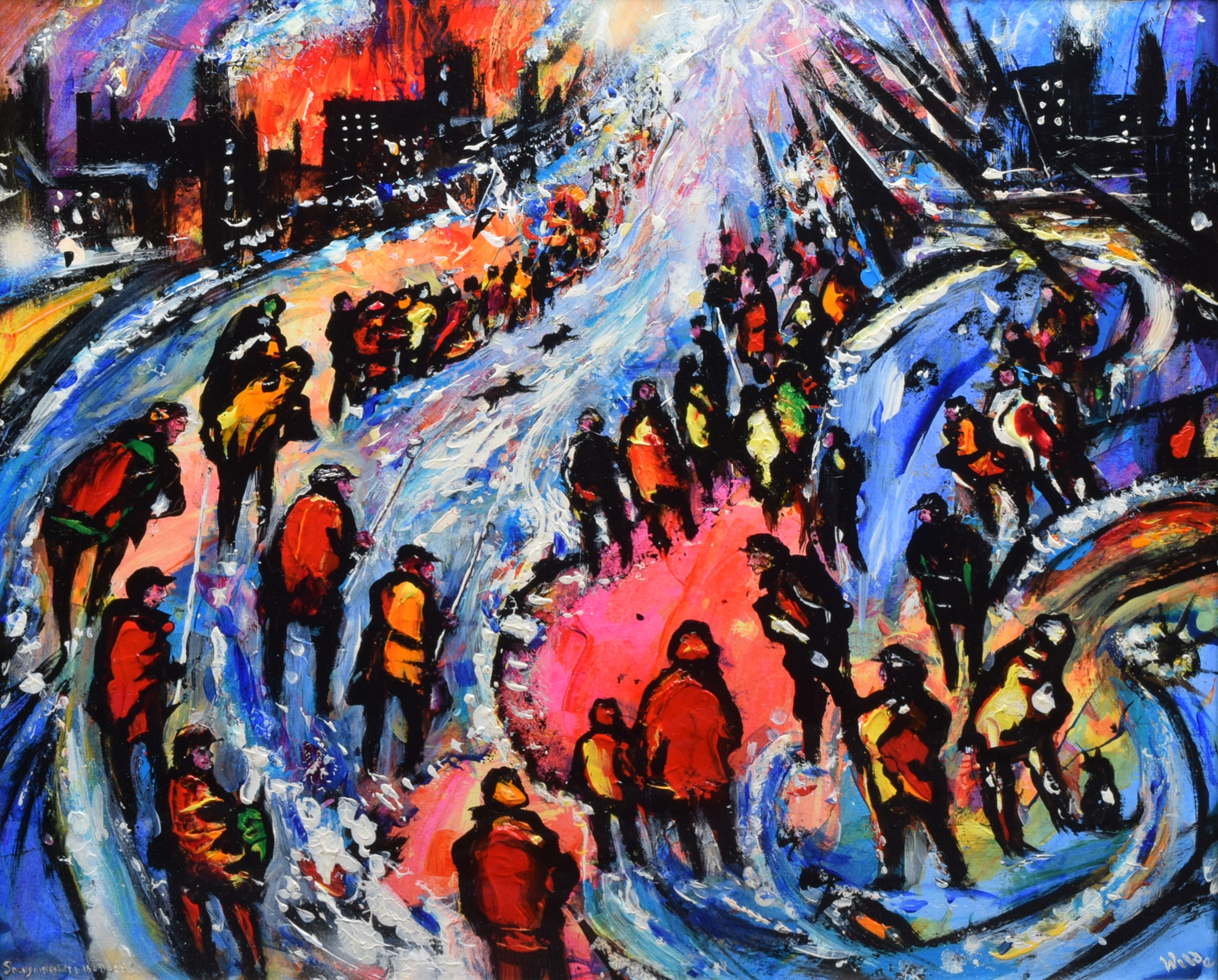 David Wilde, "Snowy Nightshift to the Docks", acrylic.