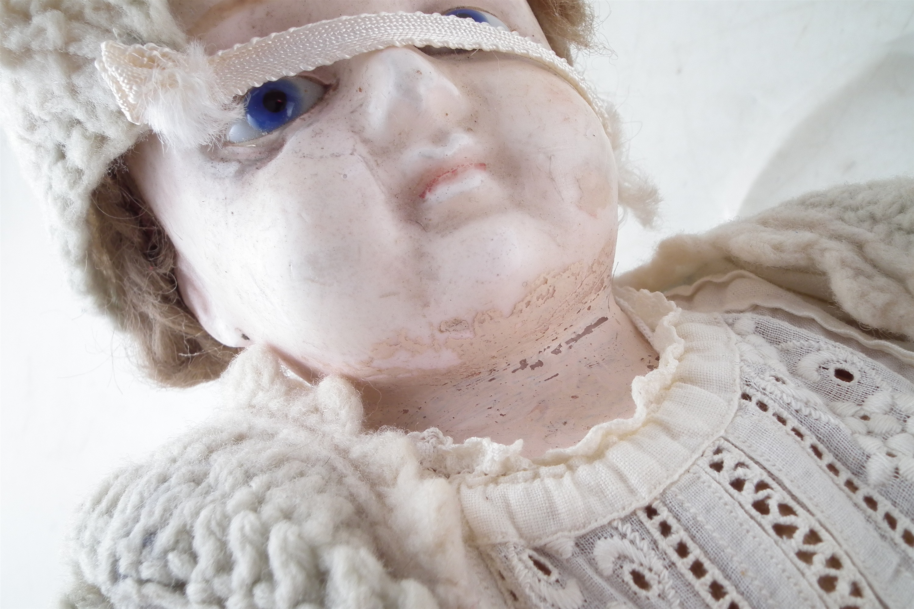 Victorian wax doll, with blue eyes dressed in knitted clothes 50cm high - Image 5 of 9