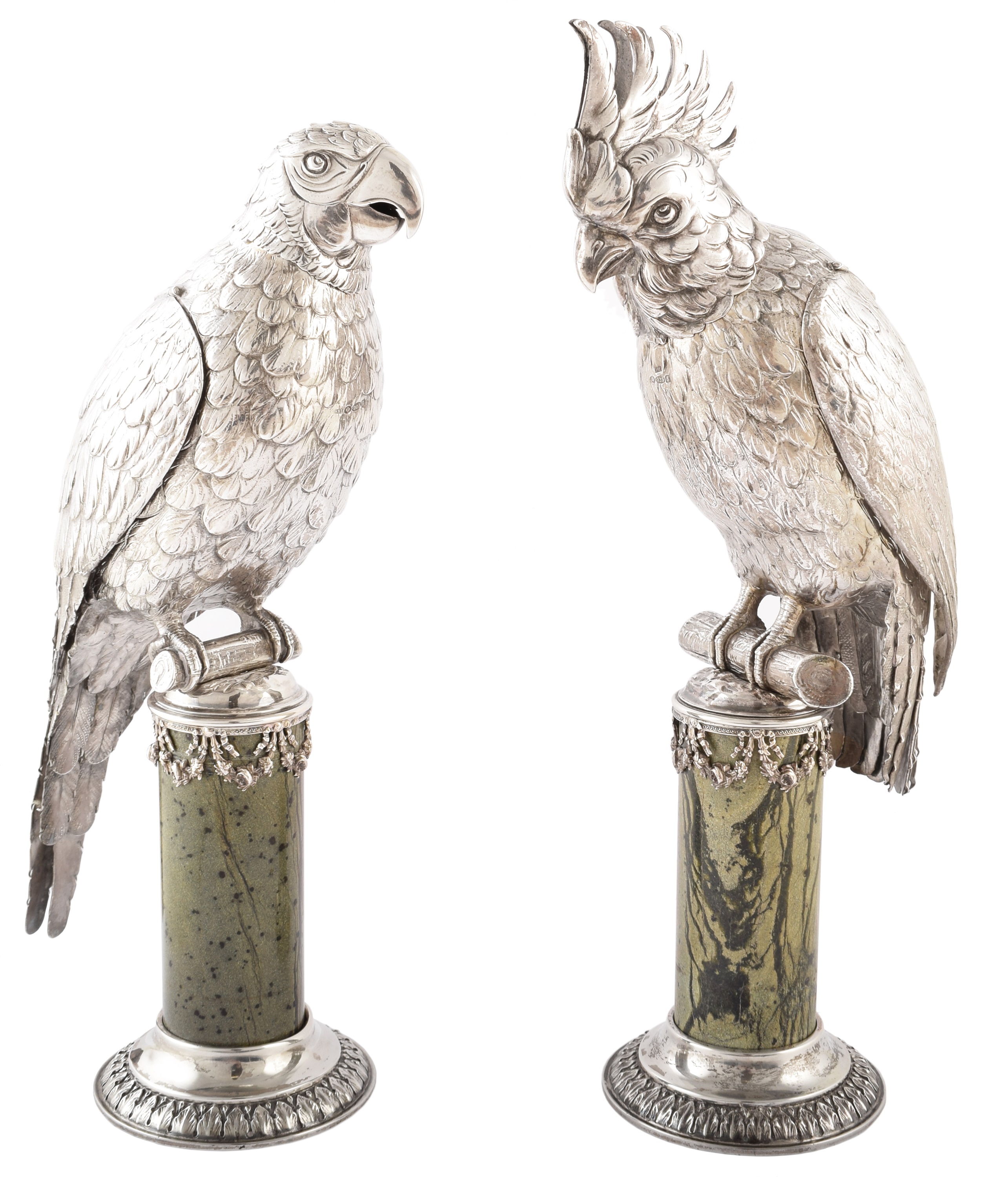 A pair of German silver models of a Parrot and Parakeet,