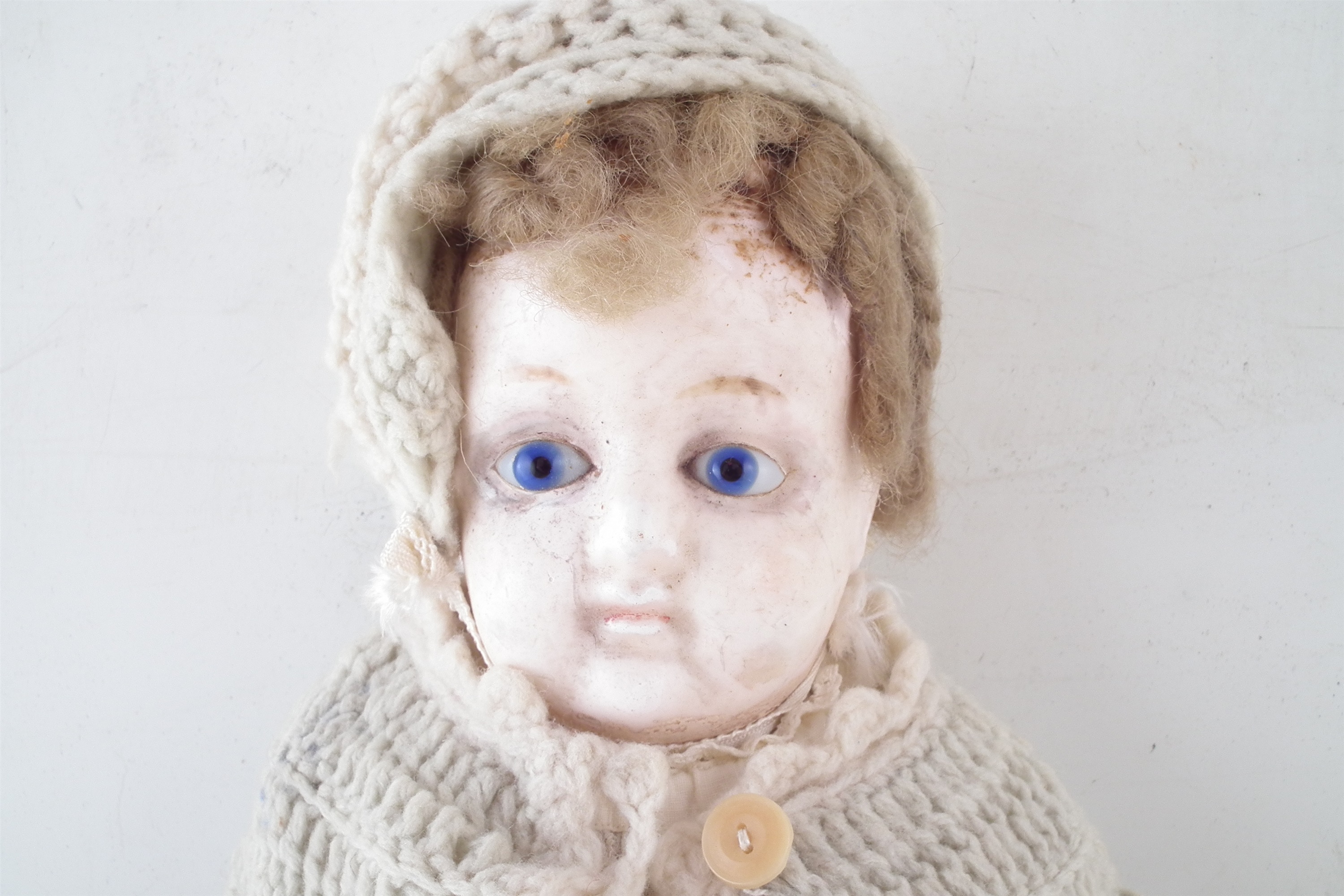 Victorian wax doll, with blue eyes dressed in knitted clothes 50cm high - Image 2 of 9