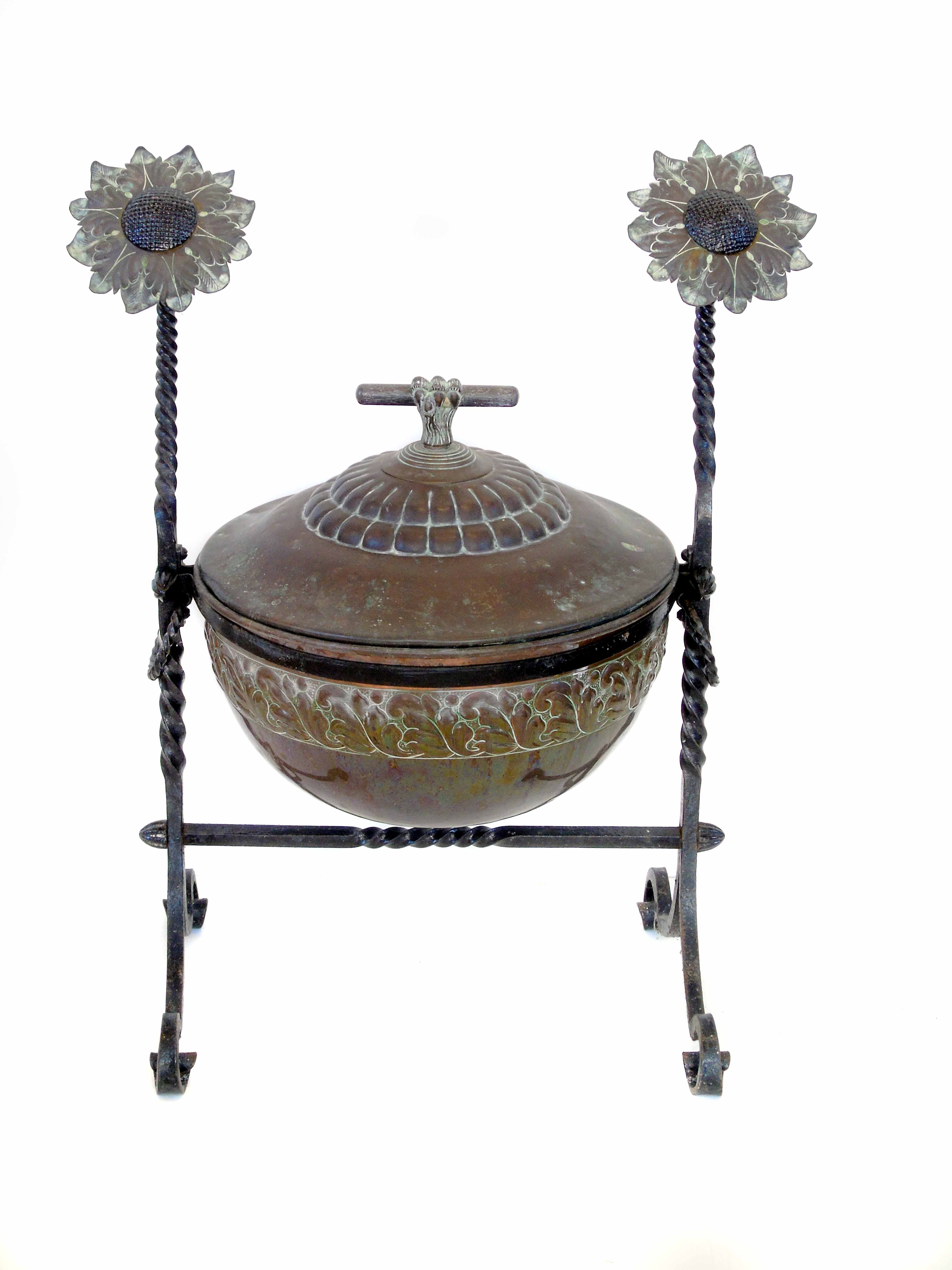 Late 19th century Arts and Crafts copper and wrought metal coal bin.