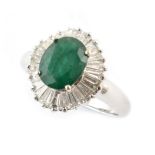 Emerald and diamond oval cluster, white gold ring.