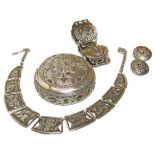 A middle Eastern white metal trinket box, together with a suite of white metal jewellery.
