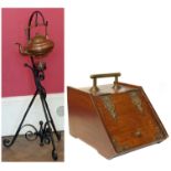 Arts & Crafts copper spirit kettle on wrought iron stand and purdonium. Condition reports are not