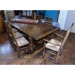 18th century style oak refectory dining table on turned legs, H shaped stretcher 214cm x 107cm