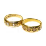 Two Victorian 18ct gold five-stone rings, to include a coral five stone ring together with a split