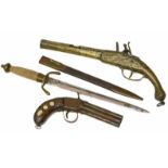 Flintlock pistol, hand made replica pepper pot pistol and dagger. Condition reports are not