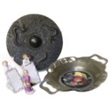 Tudric pewter dish with Moorcroft liner (af), small Chinese gong and three Continental figures.