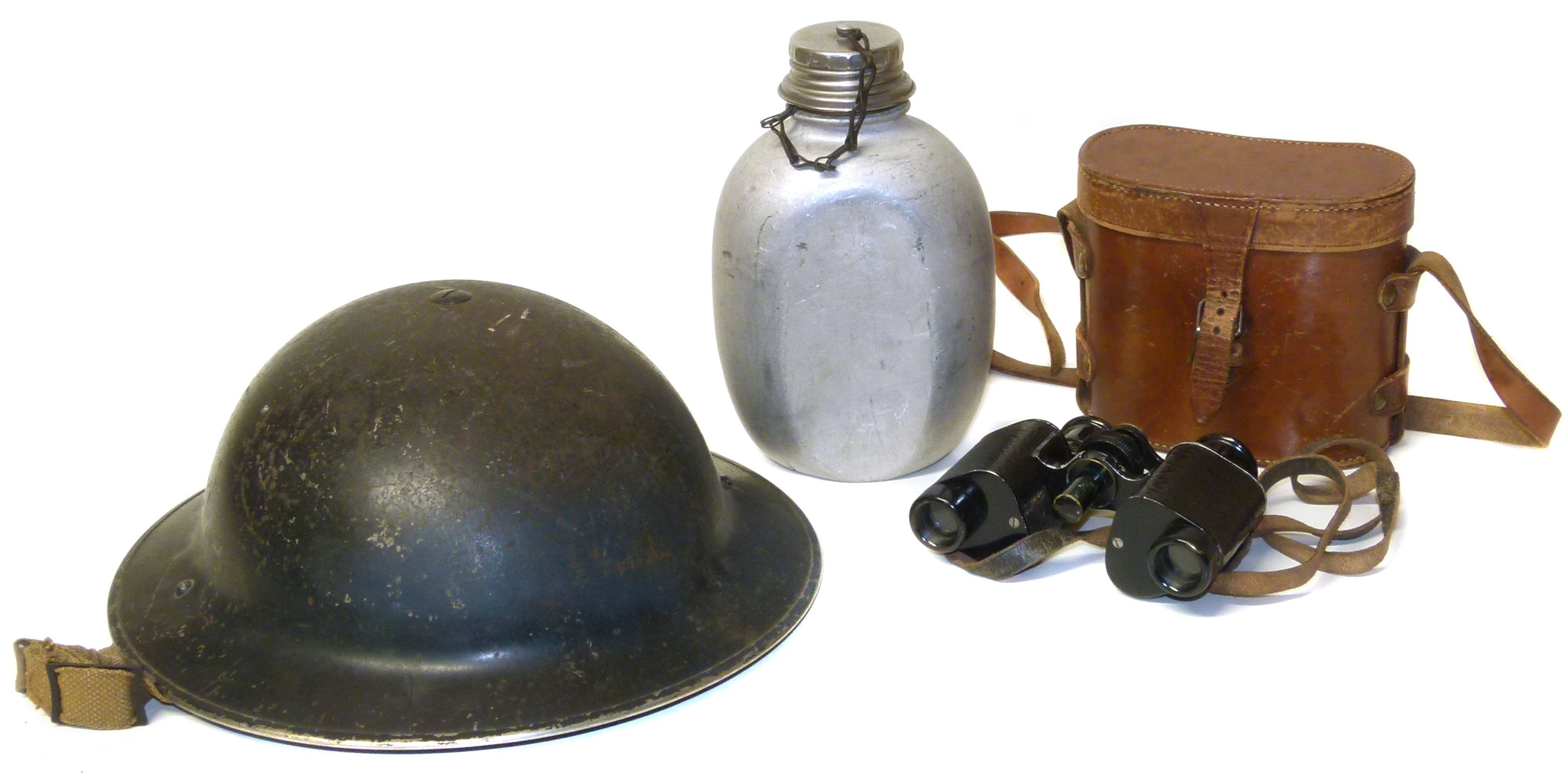 WW2 tin hat and alloy water canister and a pair of binoculars. Condition reports are not available