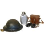 WW2 tin hat and alloy water canister and a pair of binoculars. Condition reports are not available