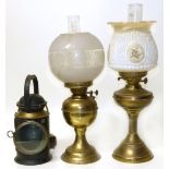 Two brass oil lamps and B.R. (W) railway lamp (converted to electricity). Condition reports are