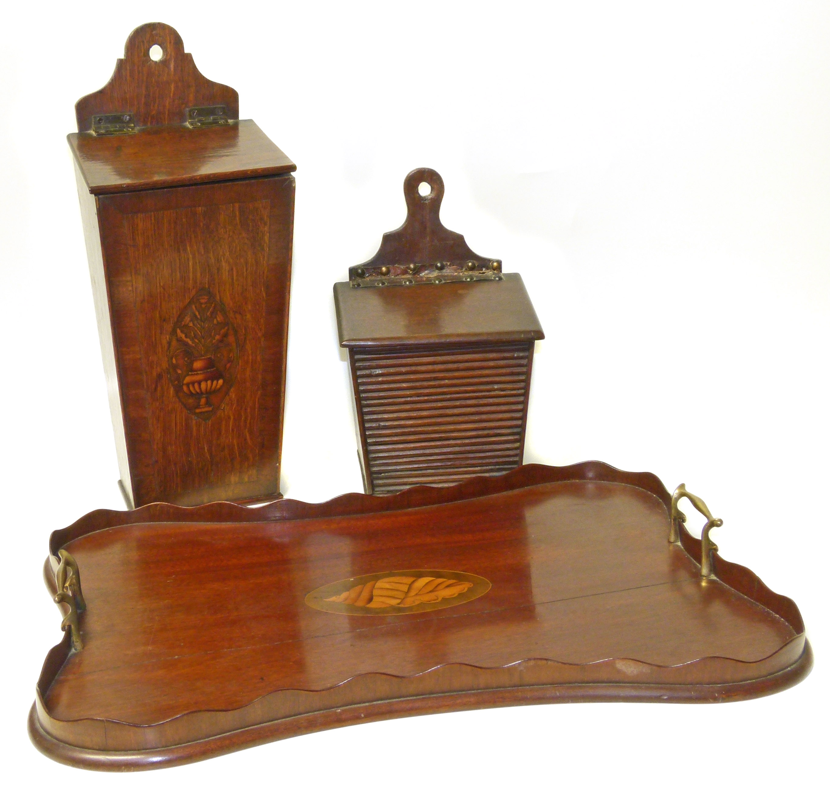 Edwardian mahogany tray, candle box and salt box. Condition reports are not available for