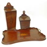 Edwardian mahogany tray, candle box and salt box. Condition reports are not available for
