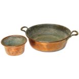 Georgian copper two handled pan 45cm diameter and 13cm high and small 23cm diameter copper