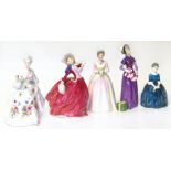 Five Royal Doulton ladies, "Diana" (HN2468), "Autumn Breezes" (HN1934 2nd), Cherie" (HN2342), "