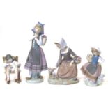 Three Lladro figures of girls picking flowers and one other of a child asleep in a rocking chair