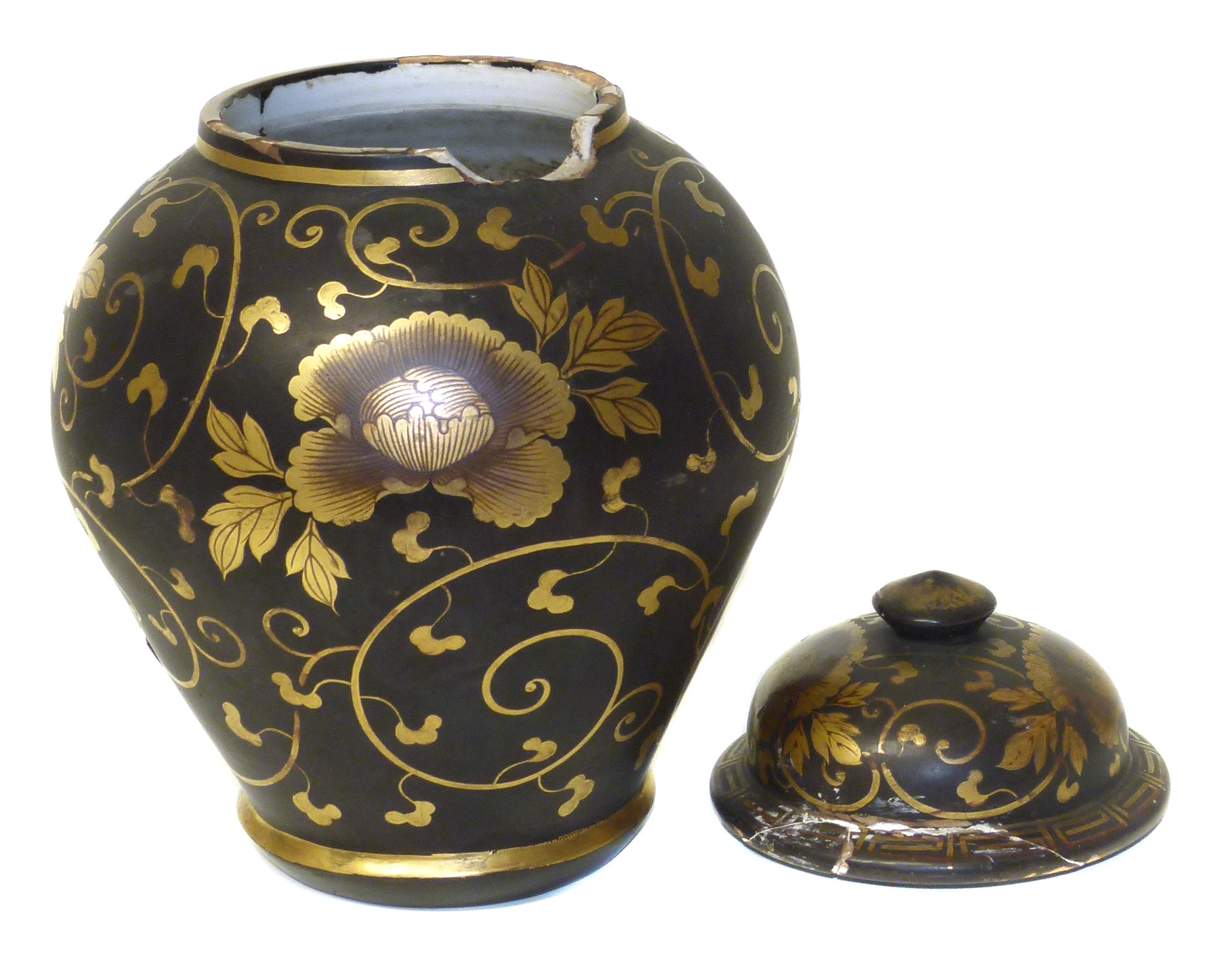 Chinese imitation lacquer vase, some damages and losses to the rim. 22cm high Condition reports