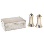 A silver cigar box, together with a silver salt and pepper shaker (3). Condition reports are not