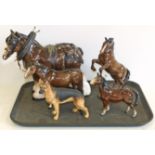 Beswick prancing horse (1014), brown Beswick standing horse, unmarked horse and Shire-horse and