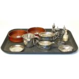 Birmingham silver 3-piece cruet set, silver nut dish, silver sucrier and cream jug, pair coasters
