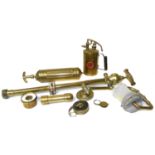 Collection of brass items, to include a wall lamp, pump, fire extinguisher, lovers' candle, tape