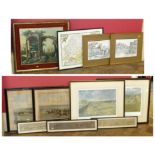 Pair Lionel Edwards prints "Hunting Countries", "Fearnies", (Sheephorn). two racing prints , "